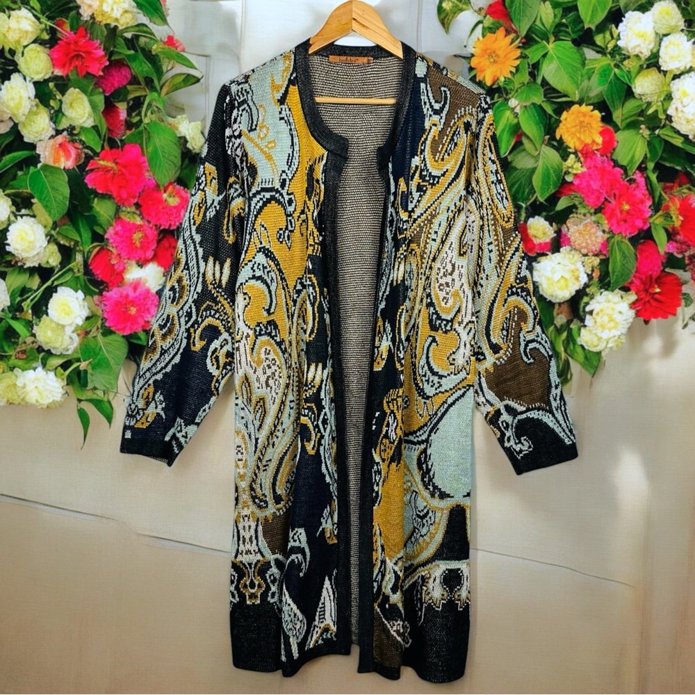 Belldini Boho Patterned Loose Knit Long Line Duster Cardigan Sweater Multicolor